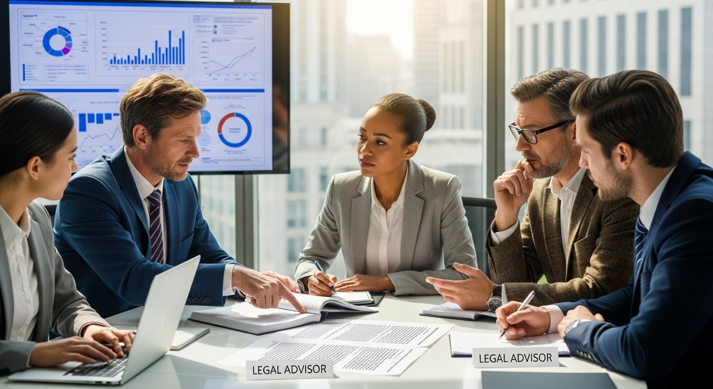 A diverse group of business professionals in a modern office, one of them a UK expat, intently discussing complex legal documents with a legal advisor, with charts and graphs visible on a screen in the background. Photorealistic and professional.