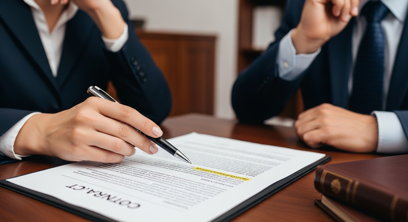 A close-up shot of a legal advisor's hands pointing to a specific clause in a business contract, while a UK expat client thoughtfully considers the details during a professional consultation. The setting is a well-lit law office. Photorealistic and detailed.
