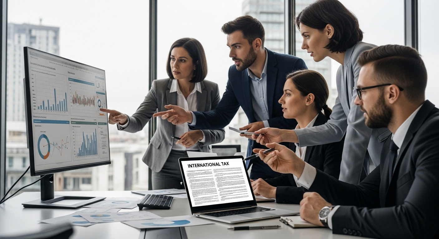 A professional, diverse group of business people in a modern office, looking at financial charts and a laptop, discussing complex international tax documents. The scene is well-lit and conveys collaboration and strategic planning. Detailed and photorealistic.