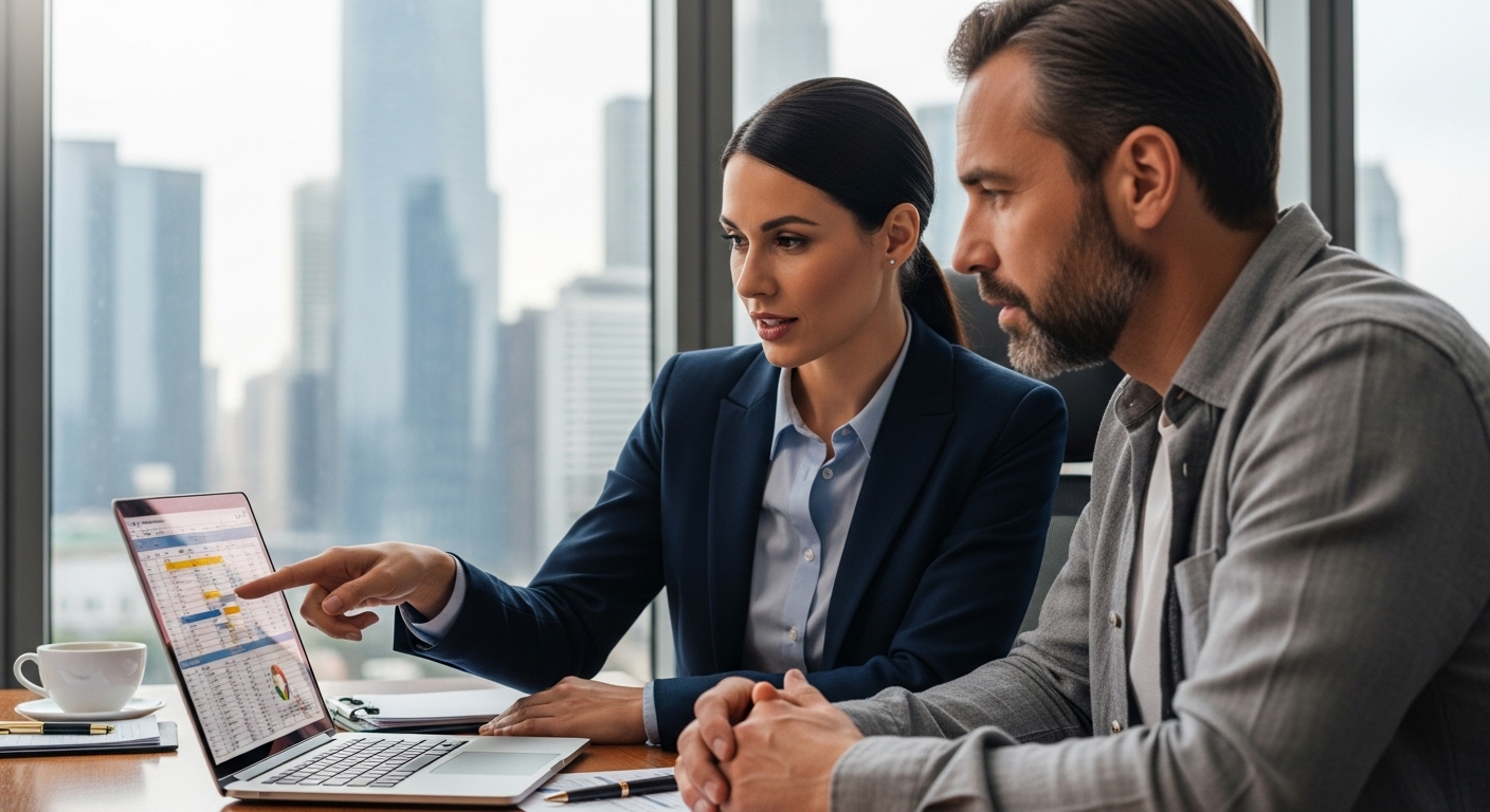 A professional female accountant in a modern, clean office is having a one-on-one consultation with a male expat business owner. They are looking at a laptop screen together, and the accountant is pointing to a specific detail while explaining complex financial concepts clearly. The background shows a subtle city skyline. Detailed and photorealistic.
