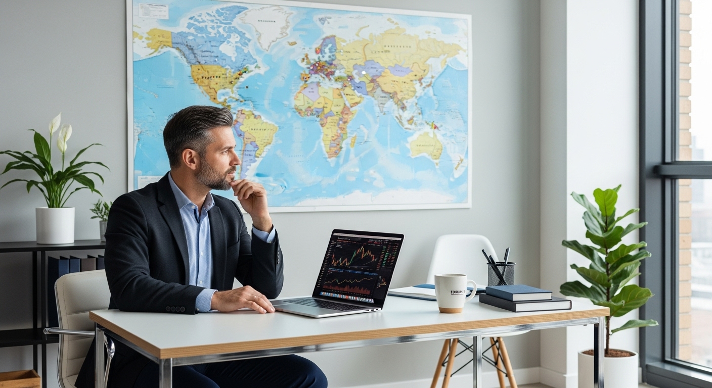 A professional-looking male expat, mid-40s, sitting at a modern desk with a laptop open showing financial graphs. He is looking thoughtfully at a world map on his wall, contemplating global investment strategies. The office is bright and contemporary.