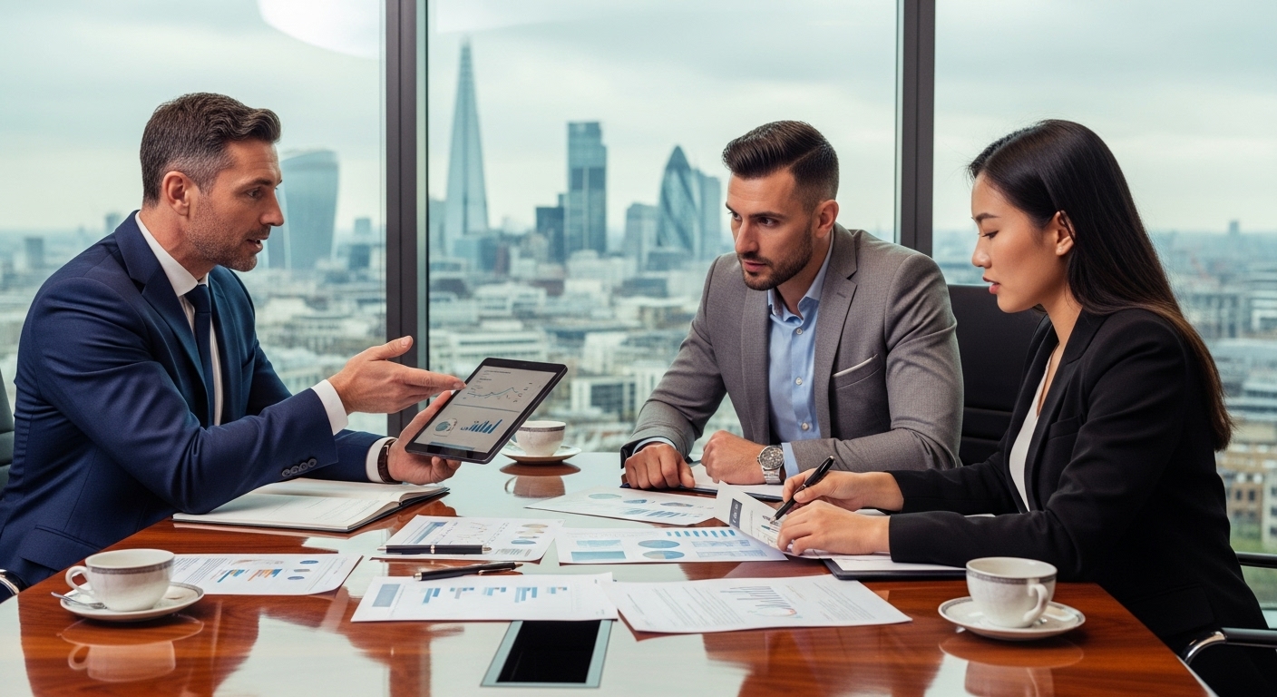 A diverse group of three professionals, including a financial advisor, a male expat, and a female expat, are engaged in a serious discussion around a polished conference table. They are reviewing financial documents and a digital tablet, signifying personalized wealth management planning. The setting is a sophisticated UK financial district office.
