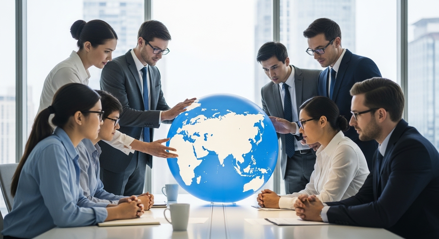 A diverse group of business professionals from various backgrounds, including a man in a suit and a woman in a smart blouse, are gathered around a large, illuminated globe on a modern conference table. They are discussing financial strategies with serious, focused expressions. The background is a sleek, contemporary office with city views, conveying global commerce and sophisticated financial planning.