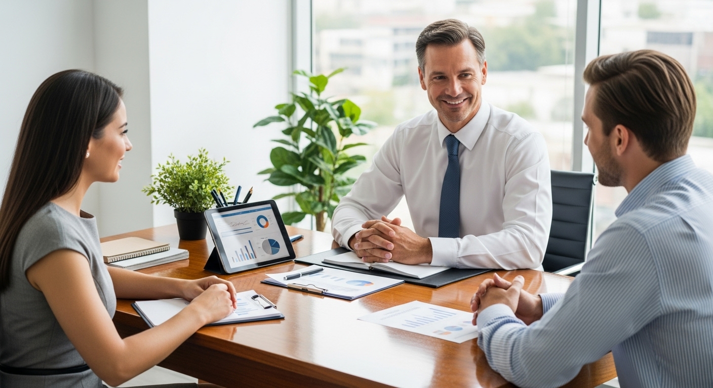A professional financial advisor, a man in his late 40s with a warm, reassuring smile, is seated at a polished wooden desk across from an expat couple. The couple, a woman in a business casual dress and a man in a smart shirt, are attentively listening to the advisor. On the desk are financial documents, a tablet displaying charts, and a small plant. The setting is a bright, modern office with large windows, symbolizing clarity and future planning.