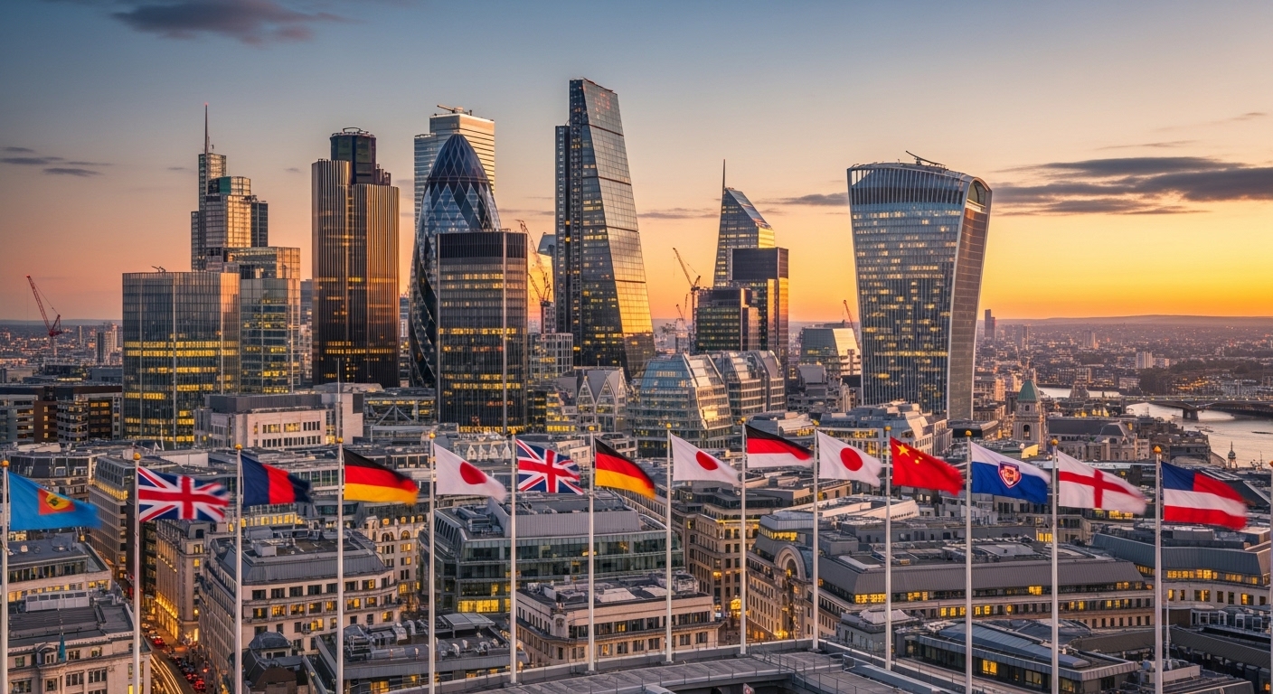 A bustling financial district skyline in London with international flags, viewed from a slightly elevated perspective, showcasing modern architecture and a sense of global connectivity, photorealistic.
