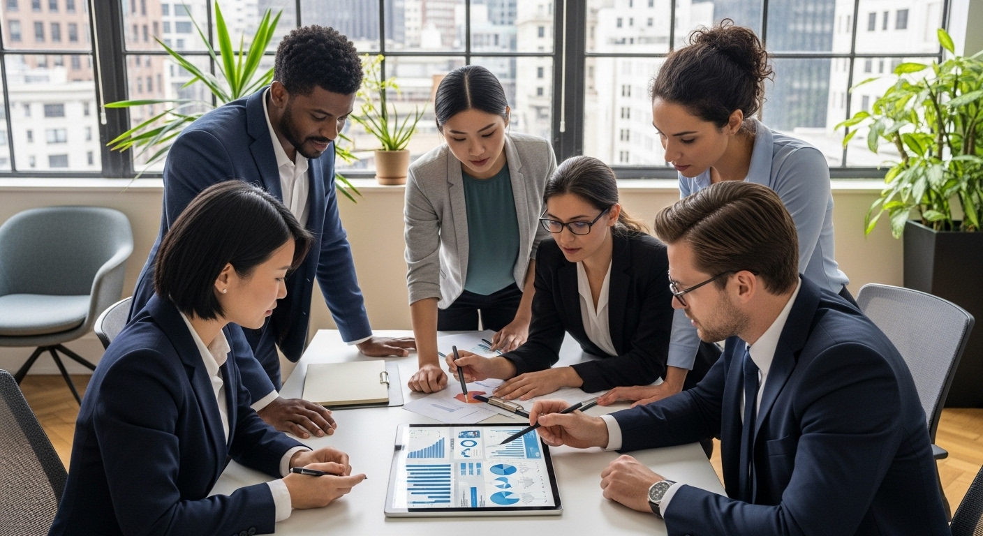 A diverse group of business professionals from different cultural backgrounds collaborating in a modern, light-filled office space, looking at a digital tablet with financial charts, conveying professionalism and global partnership, photorealistic.