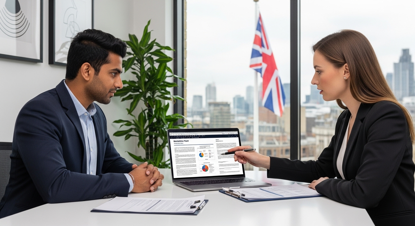 A professional, photorealistic image depicting an expat entrepreneur, a person of South Asian descent, sitting across a table from a UK immigration consultant, a Caucasian woman, reviewing documents in a modern, well-lit office. They are both looking at a laptop screen showing a business plan, with a UK flag subtly in the background.