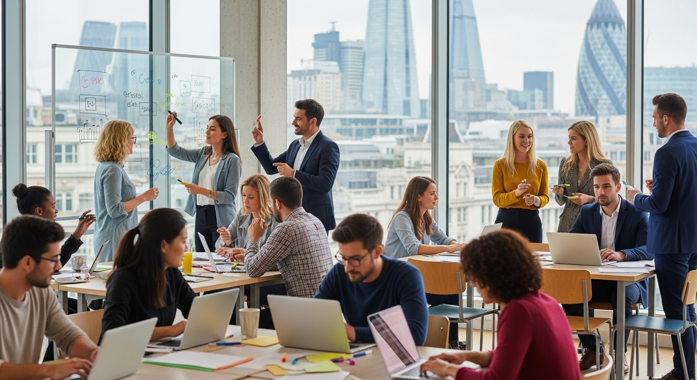 A photorealistic, vibrant image of a bustling co-working space or modern startup office in central London. Diverse young professionals are collaboratively working on laptops and whiteboards. The background features iconic London architecture, blurred, suggesting a city environment. The overall mood is innovative and dynamic.