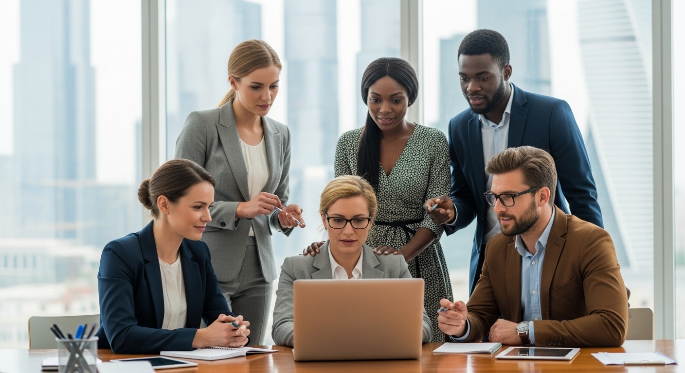 A diverse group of business professionals from various ethnic backgrounds in a modern, brightly lit office, collaborating on a laptop, with a blurred cityscape visible through large windows. They are dressed in smart business attire, looking engaged and professional, capturing a sense of global business operations.