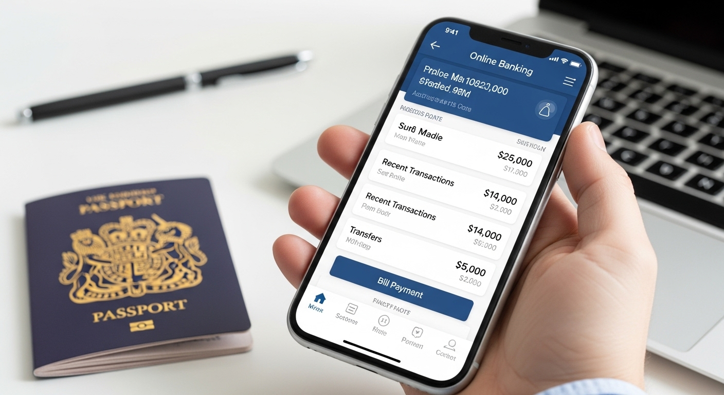 A close-up, high-angle shot of a hand holding a modern smartphone displaying an online banking app interface, with a blurred UK passport and a laptop keyboard in the background on a sleek desk. The scene conveys efficient, digital financial management for an international businessperson.