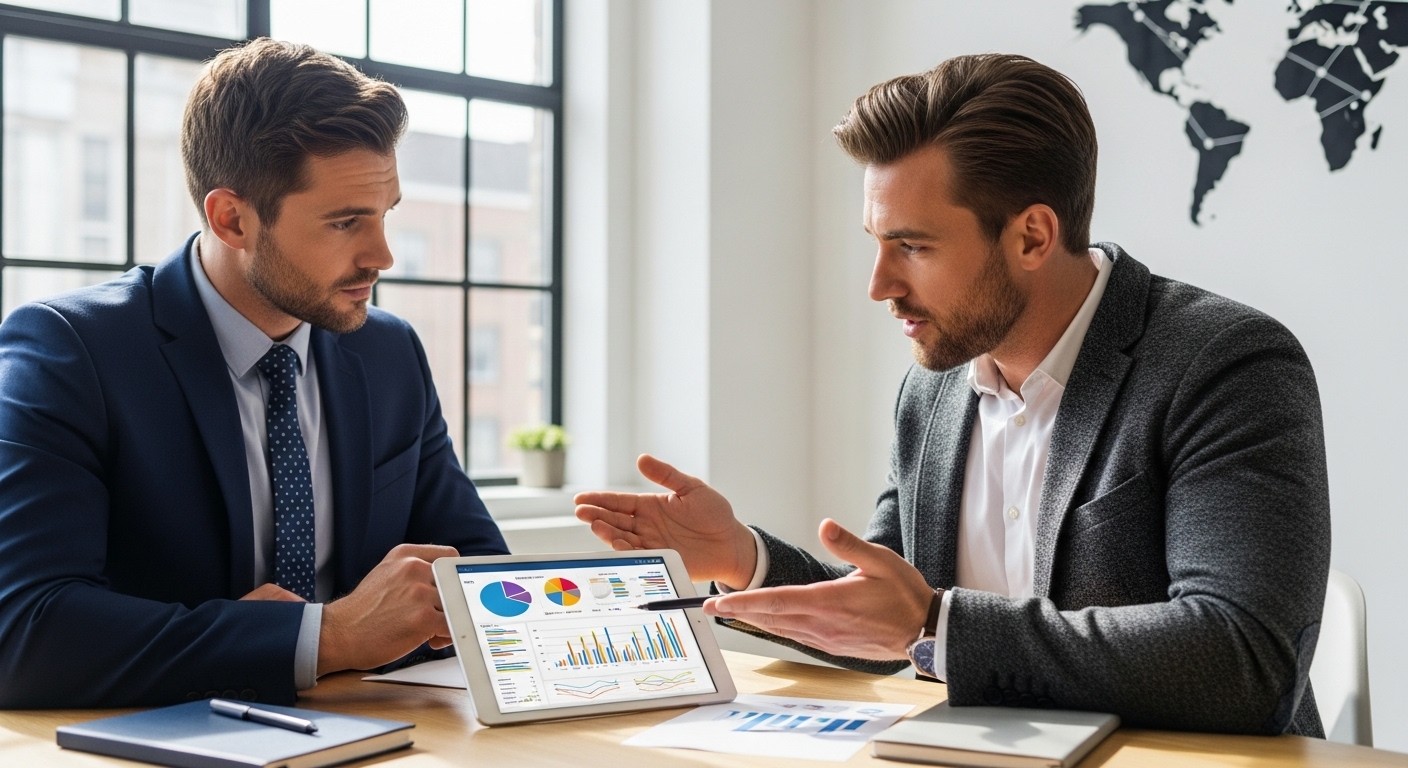 A professional business consultant, dressed in a sharp suit, having a detailed discussion with a UK expat entrepreneur in a modern, sunlit office. They are looking at a tablet displaying business data, with a world map subtly in the background. The atmosphere is collaborative and focused, with both individuals engaged in serious deliberation.