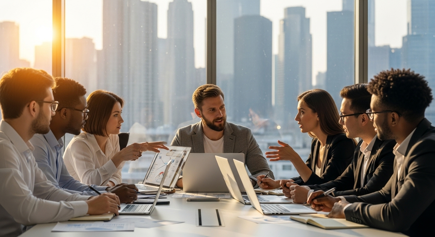 A diverse team of professionals, including a UK expat, collaborating effectively in a contemporary office setting with large windows overlooking a vibrant city skyline. They are gathered around a table with laptops and documents, actively brainstorming and sharing ideas, symbolizing successful international business synergy and global connection.