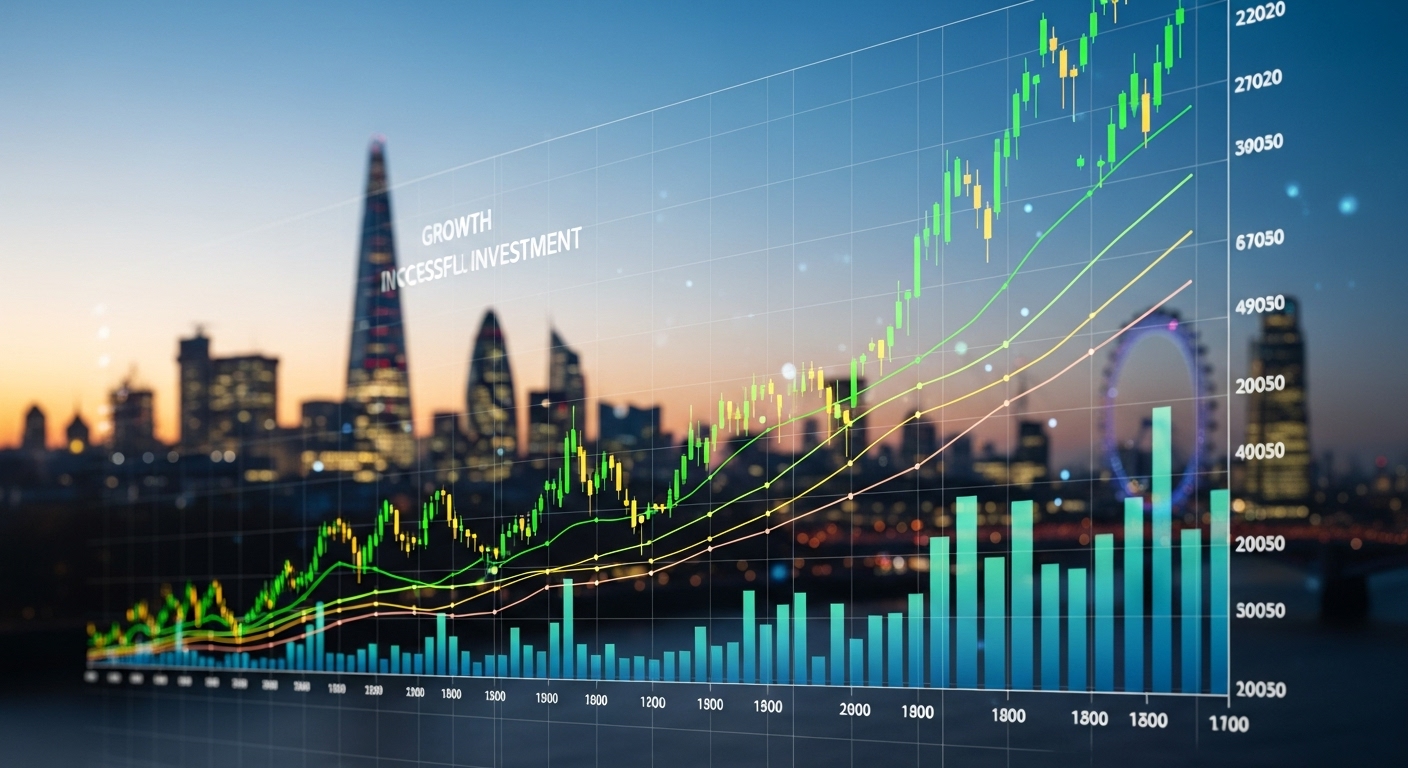 A detailed, photorealistic image of a sophisticated financial chart displaying growth and investment data, with a blurred background showing the London skyline at dusk. The chart shows upward trends, symbolizing successful investment strategies.