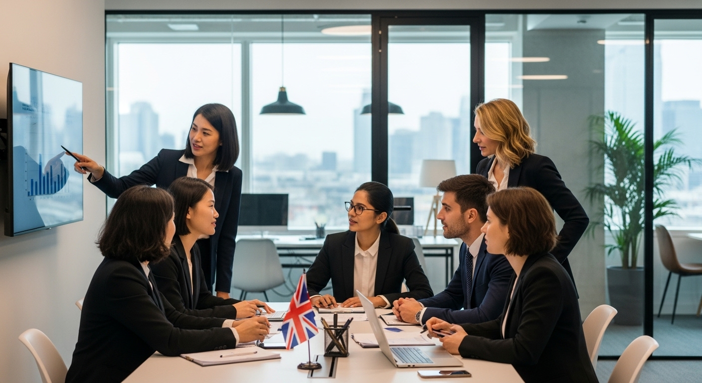 A photorealistic image of a diverse professional group in a modern, well-lit UK office environment, engaged in collaborative discussion. They represent global investment and opportunity, with a subtle British flag element in the background or on a desk accessory, symbolizing international business connections.
