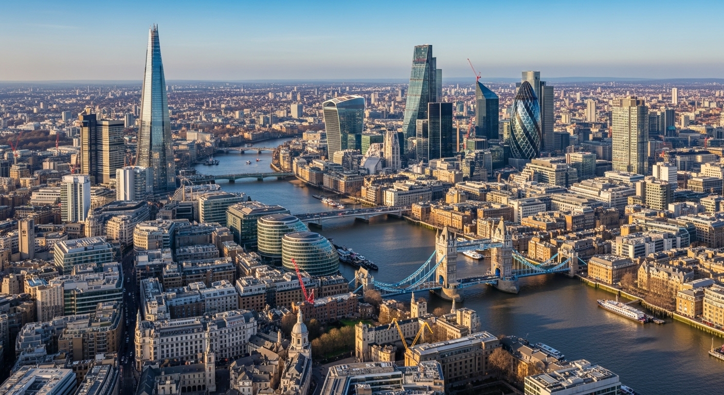 A highly detailed, photorealistic aerial view of the London financial district, featuring iconic skyscrapers like The Shard and the Gherkin, with the River Thames winding through, demonstrating a bustling hub of international commerce.