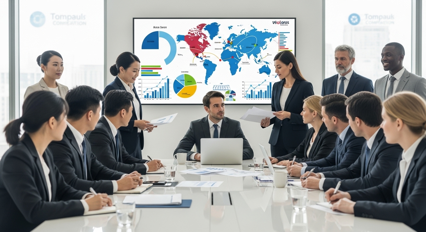 A professional business meeting scene with diverse individuals from various ethnic backgrounds, dressed in smart business attire, collaborating around a large conference table in a modern, well-lit office, with charts and graphs on a screen in the background, symbolizing strategic planning and collaboration for international business expansion.